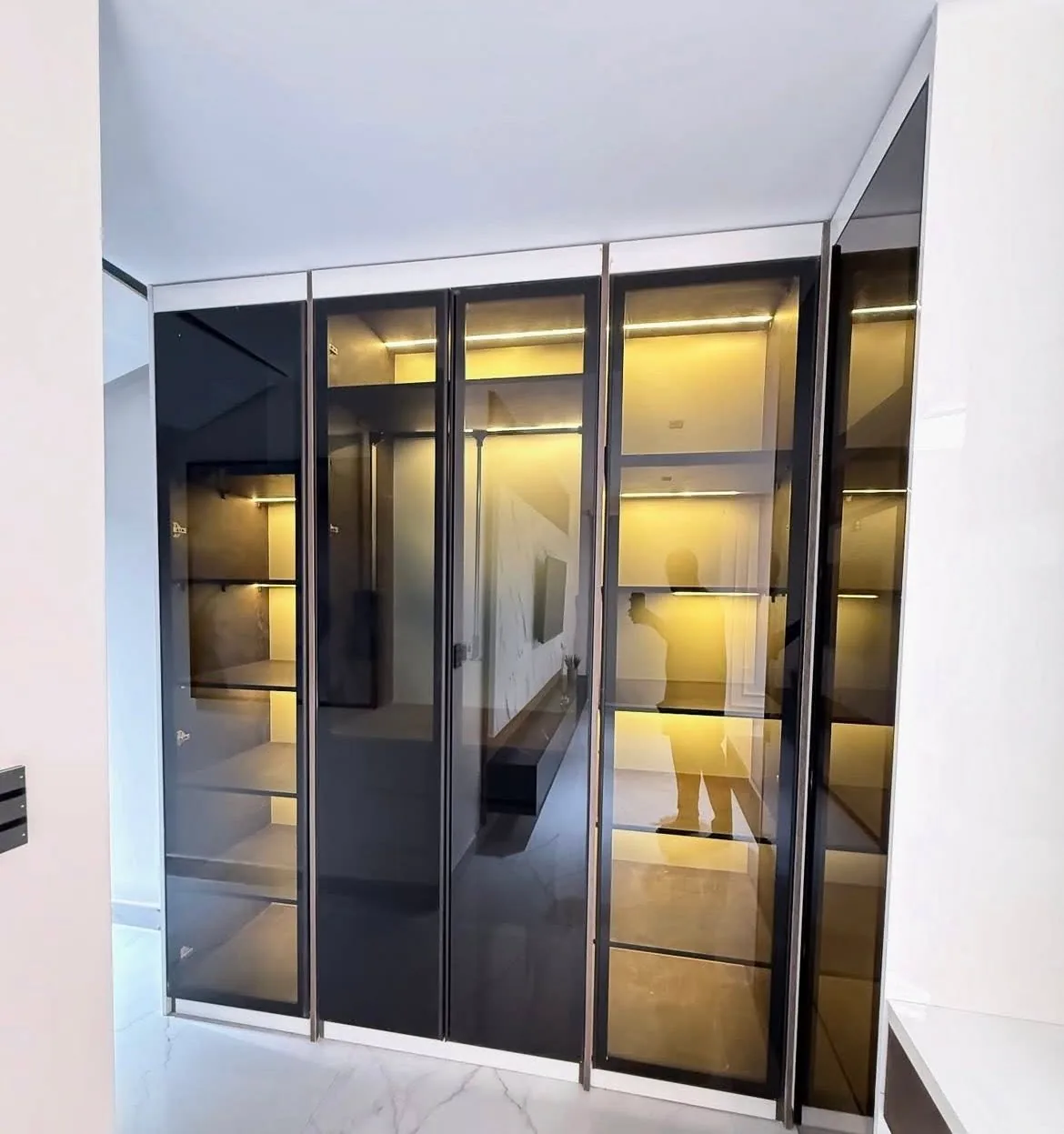 Custom glass-fronted wardrobe with smoked glass doors and warm LED shelf lighting